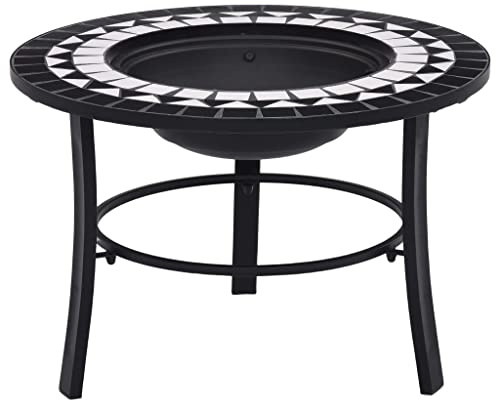 Runheo Chimenea mosaico de cerámica negro blanco 68 cm acero trípode jardín terraza calor ambiente acogedor llama fuego