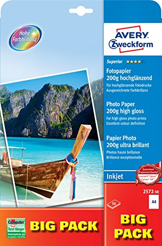Avery Zweckform Art. 2572-50 Everyday Inkjet Fotopapier (50 Blatt, 200 g/m², DIN A4, glänzende Fotokarten, einseitig beschichtet, sofort trocken & wischfest, Fotoblätter für Inkjet-Drucker) weiß