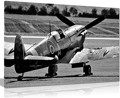 Stampa artistica su tela, motivo: aereo Raf Spitfire, colore: nero e bianco, bianco, 91x61cm (36x24in)