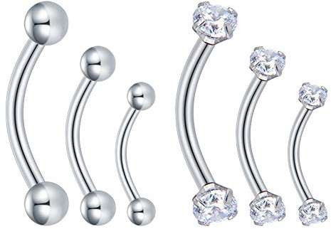 Longita 6 Stück Augenbrauenpiercing 16G Chirurgenstahl Klar Zirkonia Barbell Curved Rook Helix Knorpel Ohrring Piercing Herren Damen 6mm 8mm 10mm