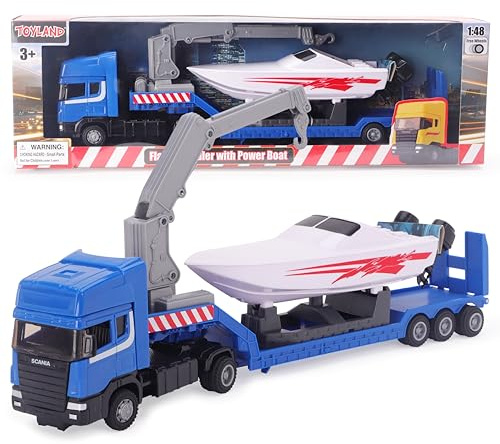 Toyland® Scania Flatbed Hauler transportbil med motorbåt – skala 1:48 – frihjul (blå lastbil)