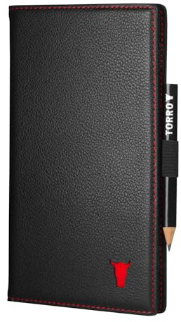 TORRO Porta Tarjetas de Golf - Cartera de Piel auténtica para Tarjetas de Golf con Ranura para Tarjetas y Lazo para lápices (Negro con Detalle Rojo)