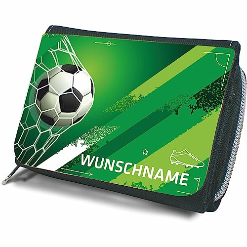Indigos UG - Geldbörse Kinder personalisiert mit Fußball Motiv - mit Namen und Wunschtext - 12 x 8,5 cm - Portmonee - personalisiertes Geschenk für Schulanfang, Jungen & Mädchen
