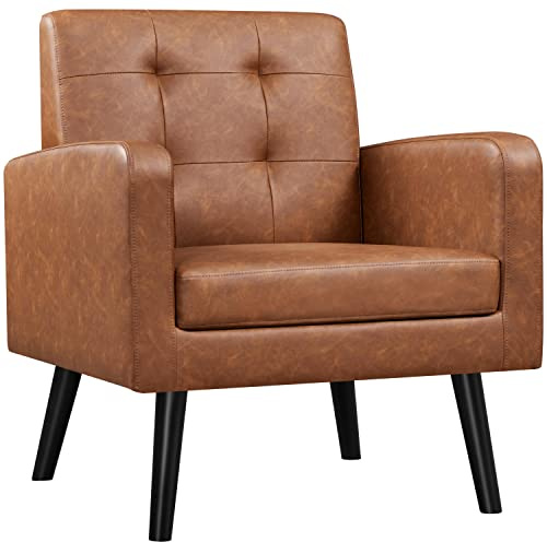 Yaheetech Poltrona Lounge da Salotto Imbottita con Braccioli e Schienale Gambe in Legno Stile Moderno da Lettura/Riposo/Lavoro/Bar Marrone Rustico/Pelle Sintetica