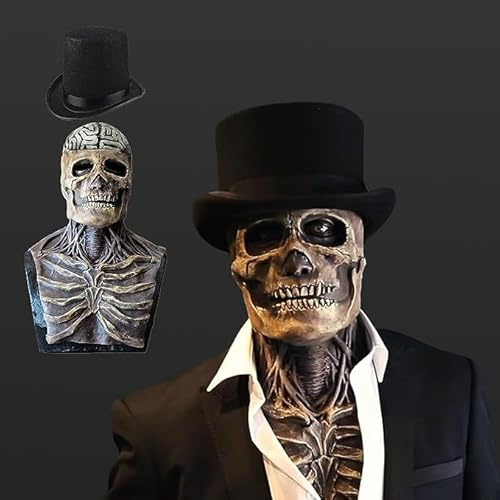 FUFRE Halloween Mask Full Head Skull Mask, Realistic Scary Mask with Hat, 3D Halloween Skull Mask Adult Latex Mask Skeleton Scary Masks for Halloween Party Carnival Cosplay Props