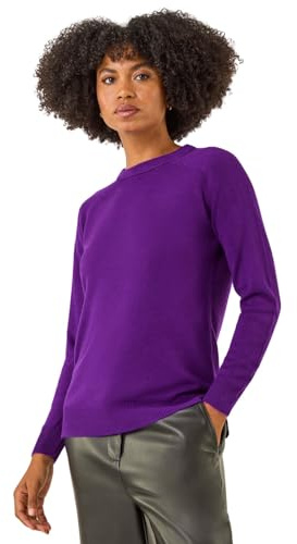 Roman Soft Jumper for Women UK Ladies Winter Autumn Sweater Knit Knitwear Round Crew Neck Top Plain Lightweight Comfy Long Sleeve Split Hem Everyday Daywear - Purple - Size 18