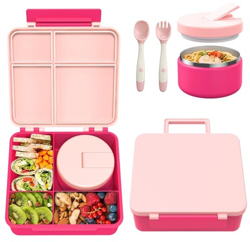 Pawtong Bento Lunch Box with Soup Thermos 0.24L, Leakproof Food Containers with 4 Compartments for Kids, Thermal Insulated Hot Food Jar for School, Pink