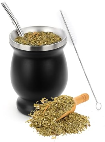 8oz Double-Wall Yerba Tea Set,Yerba Mate Cup, Natural Gourd Tea Cup with Straw Spoon and Cleaning Brush,for Mate Tea, Coffe,Black