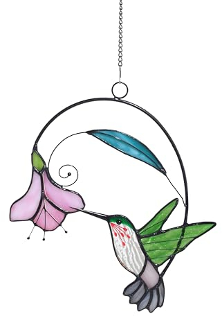 Cute Birds Stained Glass Suncatcher Birds Stained Glass Window Hangings for Home Decor (Green with flower A)