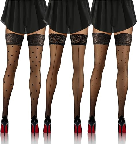 sesto senso 3 Paia Calze Autoreggenti Pizzo con Silicone Modello con Cuori o punti o cucitura 20 DEN Donna Sexy Lingerie Nero 3/4 Mix