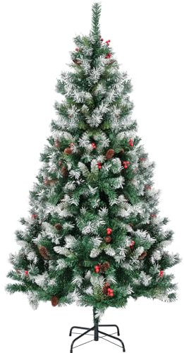 Künstlicher Weihnachtsbaum 180cm, EDWINENE 6ft Tannenbaum Künstlich mit Tannenzapfen und Roten Beeren, Metallfuß & Einfacher Aufbau zur Feiertagsdekoration (180cm-Pinecone and Red Berry)