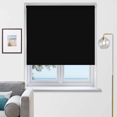 Rehan & Co Blackout Fabric Roller Blinds Black Blind (60W X 165H cm) | Thermal Insulated Blackout Blinds Easy Fit Child Safe Trimmable UV Protection Home Office Window Blinds
