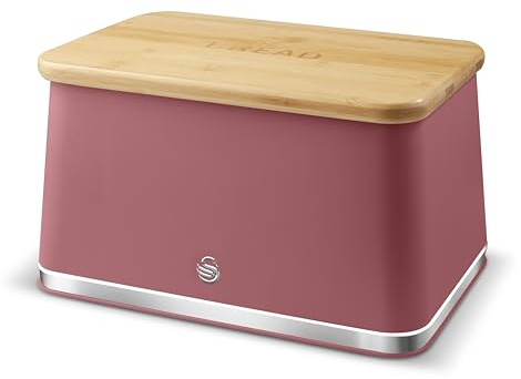 Swan Nordic SWKA18523FUS Bread Bin with Iron Body, Non-Slip Base, Stylish Soft Touch Matt Finish and Acacia Wood Pull Up Lid, 16L, Fuchsia Rose