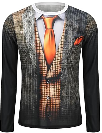 AGCOAH Tuxedo Shirts for Men Tuxedo Shirt Men in Black Costume Funny Suits for Men Funny Long Sleeve Shirts for Men (Orange Tie-L)