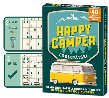 moses 92137 Happy Camper, Puzzle Logico con Fattore di dipendenza da Viaggio, 40 Carte riutilizzabili con Penna, compiti di Pensiero in 3 Livelli di difficoltà per Ragazzi e Adulti, Giallo
