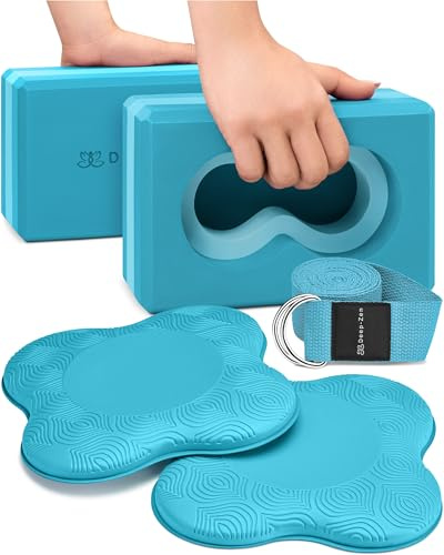 Deep-Zen® Yoga Blocks Wrist Support; Yoga Blocks 2 Pack with Knee Pads and Strap to Put Less Weight on Wrists; Durable, Versatile Yoga Brick Exercise Block Set, Blocks Yoga (Blue)