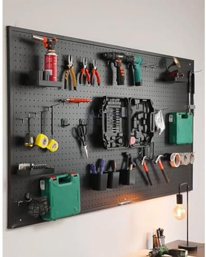 Paneles perforados de metal negro: organizador de pared para garaje, banco de trabajo y taller, de almacenamiento de herramientas con 10 ganchos, kit de tablero perforado modular(60x40cm)