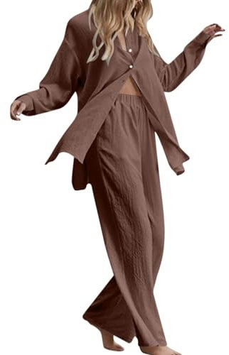 HOOUDO Linen Lounge Wear Sets for Women UK Ladies Cotton Linen 2 Pieces Outfit Loungewear Summer Long Sleeve Button Shirts Wide Leg Trousers Co Ord Set Tracksuits