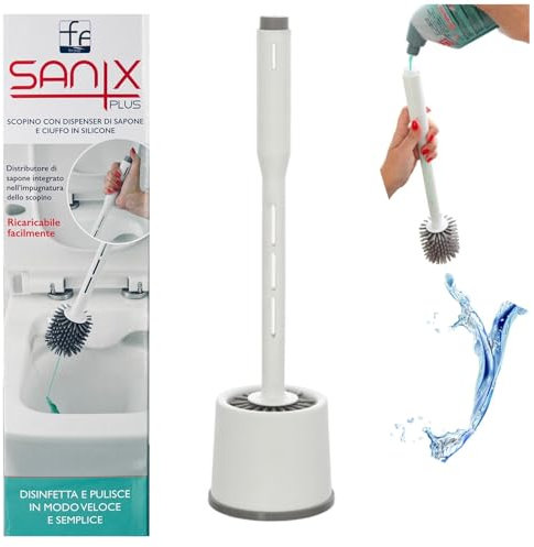 FERIDRAS Sanix Plus porta scopino e scopino bagno WC, distributore di sapone integrato nell'impugnatura, ricaricabile facilmente, spazzolone con setole in silicone antiaderente ad asciugatura rapida.