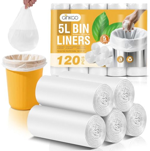 GINKGO 120 Counts Small Bin Bags, 5L Pedal Bin Liners, Clear Plastic Mini Garbage Bags for Bathroom, Toilet, Bedroom and Office, White Trash Bag
