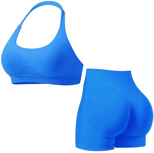 Seamless Gym Workout Sets for Women 2 Piece Halter Backless Sports Bras Hidden Scrunch Shorts Yoga Outfits Workout Tracksuits