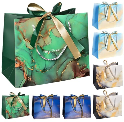 Zuxbolf 8 Bolsas de Regalo para Cumpleaños Elegantes Bolsa de Cartón para Regalo con Asas y Lazo Bolsas para Regalos de Boda Celebración Aniversario Fiesta, 4 Estilos, 25 x 12,5 x 20 cm