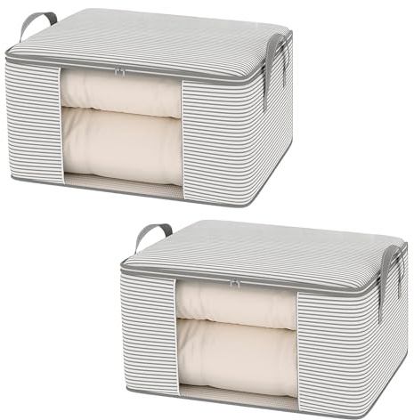 Ziyonix 2 Pezzi Scatole per Vestiti, Contenitori Organizer Armadio per Piumoni, Scatola trasloco, Buste Pieghevole per Indumenti Coperte Biancheria da Letto 60 x 40 x 30 cm (Strisce Grigie)