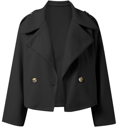 Generisch Veste courte à double boutonnage pour femme aspect laine - Veste cropped avec col à revers et manches larges - Veste mi-saison tendance dans un style minimaliste