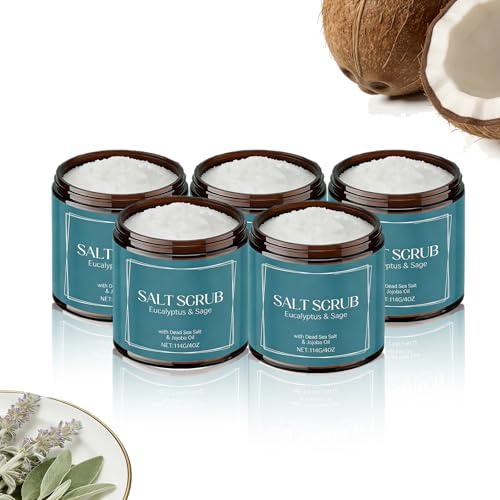 Dött havssalt kroppsskrubb, kokosolja & jojobaolja fuktgivande peeling, mild kroppsduschskalning för slätare, återfuktad hud, jämn hudton skrubb för kvinnor (114 g-5 st)