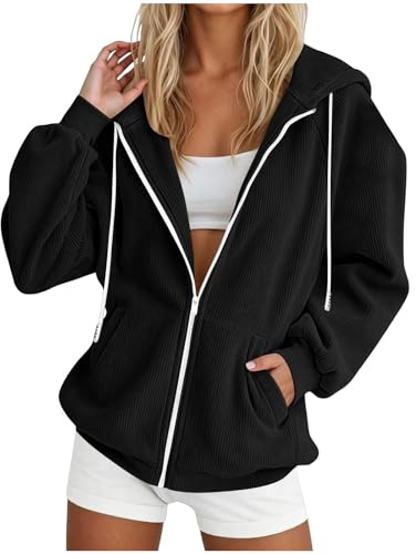 Générique Sweat À Capuche Femme Zippé,Veste Hoodie en Velours Côtelé Manches Longues Décontracté Chaud Chic Élégant Sweatshirt Streetwear Oversize Grande Taille avec Poches Sport Gym Outdoor
