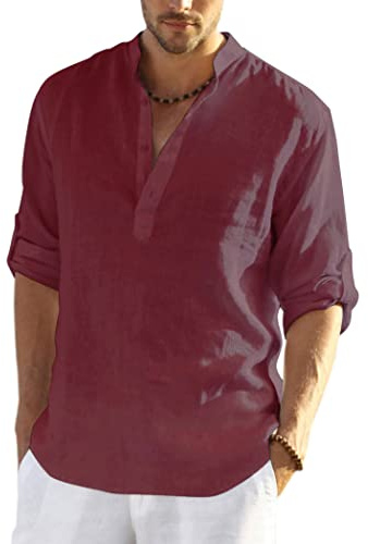 COOFANDY Men's Cotton Linen Henley T-Shirts Long Sleeve Hippie Casual Beach T-Shirts Wine Red