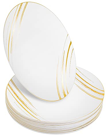 STACKABLES ~ Pack of 20 Hard Plastic Plates ~ 9 inch Dinnerware White Plates with Gold Design ~ Lightweight Flexible Reusable Dishware Party Plate Set