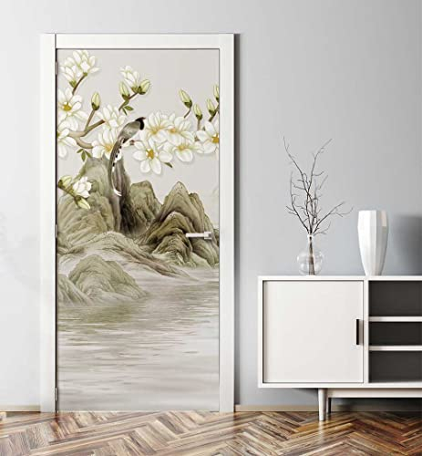 MyMaxxi - Tür bekleben mit Türtapete Türposter Türfolie Selbstklebend 90x200 Gebirge mit Vogel - Tür verschönern Türaufkleber Türklebefolie Zeichnung Kunst fliegen weiß