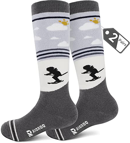 RIOROO 2 Pairs Kids Ski Socks Merino Wool Thick Thermal Padded Long Ski Sock，Snow Socks Over the Calf Winter Outdoor Socks Skating Hiking