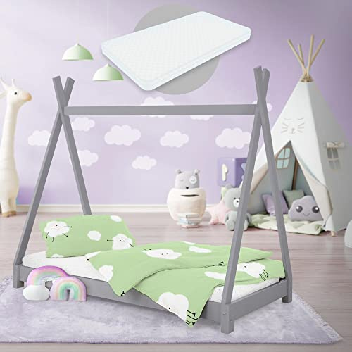 ML-Design Lettino per Bambini a Forma di Tenda Indiana con Rete a Doghe 80 x 160 cm Letto Tipi da Gioco in Legno di Pino Massiccio Grigio Stile Montessori con Materasso Sfoderabile in Schiuma Fredda