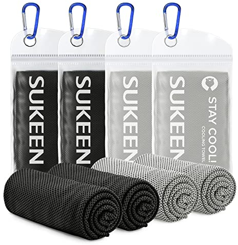 Sukeen Cooling Towel 4pcs - Quick Dry Fitness Ice Towel for Gym, Golf, Yoga, Sports - Instant Cool for Neck and Face (40''x12''), 2 Black + 2 Grey