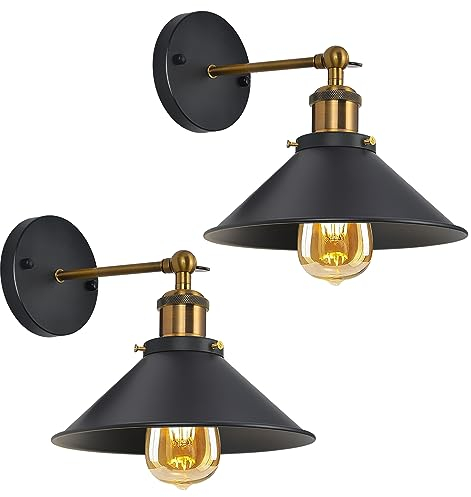 Comely Lot de 2 Applique Murale Industrielle Vintage, Rotation à 180° Lampe Murale Interieur Rétro Edison Style Spot Murale en Métal E27 pour Cuisine Salle à manger Chambre Restaurant Bar, Noir