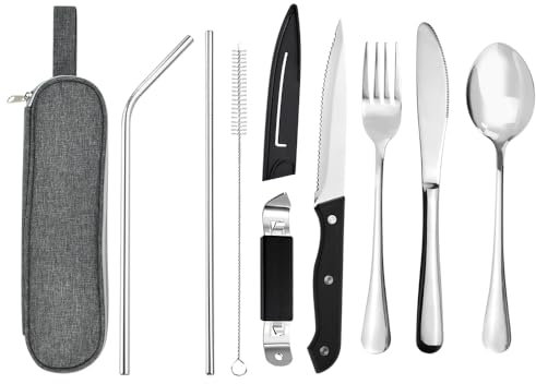 SLTAXAR 9-Teilig Reisebesteck Campingbesteck to go aus Edelstahl Camping Besteck set Camping Besteckset Outdoor mit Etui Tragbare Gabel Löffel Strohhalm für Outdoor und Reisen Unterwegs