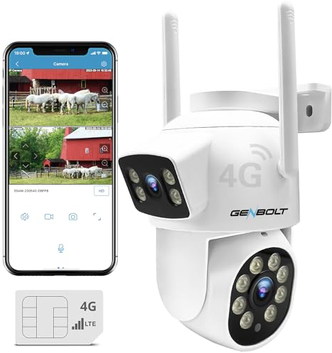 GENBOLT 3G/4G LTE Telecamera Esterno con SIM, Videocamera Sorveglianza a Doppio Obiettivo Senza WiFi, 24/7 Continua Registrazione, Tracciamento Automatico, Visione Notturna IP66 【DC&POE】