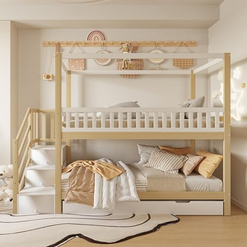 ModernLuxe Kinder Etagenbett 90x200 cm, Massivholz-Hausbett mit Ausziehbett, Sicherheitsleiter und Staufach, weiß/Natur Holz, mit Sicherheitsgitter, platzsparend für Kinderzimmer,ohne Matratze