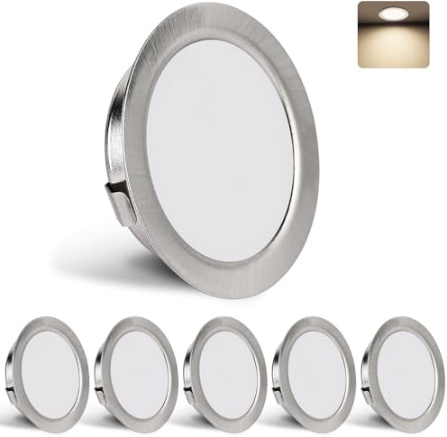 YindaLux Set mit 6 LED-Einbauleuchten für Gipskartonplatten, 230 V, 3 W, 4000 K, neutral, 15 mm, ultraflach, Einbaustrahler, 300 lm, Deckenöffnung 55-58 mm, IP44 LED-Deckenleuchte, gebürstet