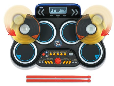 VTech - Kidi DJ Drums, Batterie Électronique Enfant avec Pads Lumineux, Cymbales, Baguettes, Bluetooth, Prise Jack pour Casque, Apprentissages et Jeux, Cadeau Enfant Dès 6 Ans - Contenu en Français