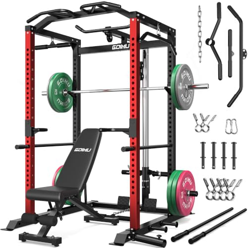 Goimu C1-V4 Power Cage, 2000LBS Squat Rack with LAT Pulldown, Multi-Function Weight Cage Strength Training Machine, Workout Cage with More Attachments for Home Gym Garage (220LBS RD Home Gym Package)