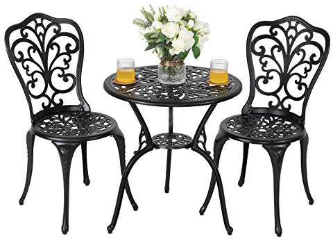 Avestar 3-piece outdoor bistro set, garden table and chairs for 2, round 60 cm cast aluminum table with a 4.5 cm umbrella hole, 2 cast aluminum chairs, for patios, garden and balcony, black