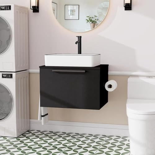 YU YUSING Mobile Bagno Sottolavabo da 60 cm, Mobiletto Bagno Sottolavabo con 1 Porta, Mobile Bagno Sospeso con Ampio Spazio di Archiviazione, Mobiletto Bagno Salvaspazio, Nero, Senza Lavabo