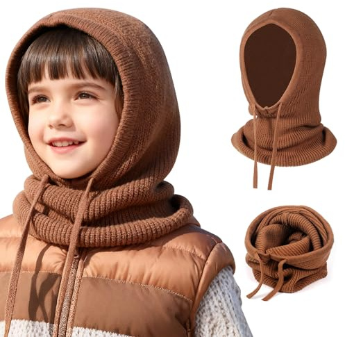 TAGVO 2-i-1 barn vinter varm balaklava-hatt, vindtät stickad huva hatt halsduk, ett stycke mössor mössor halsvärmare, mysig mjuk pullover hatt halsdukar wraps för flickor pojkar åldrarna 4-10