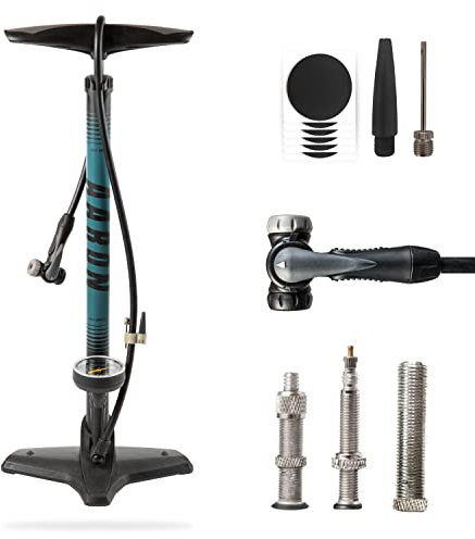 AARON Sport One Fahrrad Standpumpe mit Manometer für alle Ventile | Hochdruck Fahrradpumpe inkl. Ball Aufsatz | Luftpumpe für E-Bike, Mountainbike, Rennrad UVM. Blau