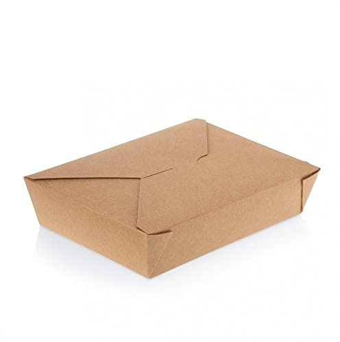 ON THE GROW Bio Box #2 Disposable Kraft Paper Takeaway Containers, 50 Pack Biodegradable On the Go Containers - 21.5 x 15.5 x 4cm - Leak & Heat Proof, Ideal for Lunch, Gifts & Party Leftovers