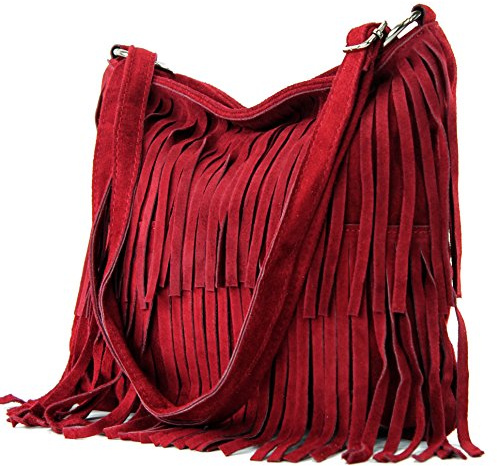 modamoda de - T125 - Borsa a tracolla con frange in pelle scamosciata, Dunkelrot, Medium