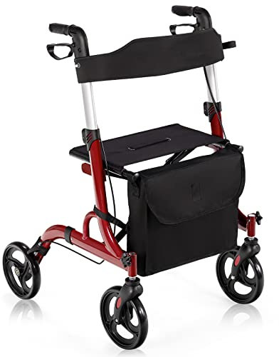 COSTWAY 4 Wheels Rollator Walker with Seat, Folding Mobility Walker with Dual Brake System, Height Adjustable Handle, Cane Holder & Storage Bag, Lightweight Walking Aid for Elderly Handicapped (Red)